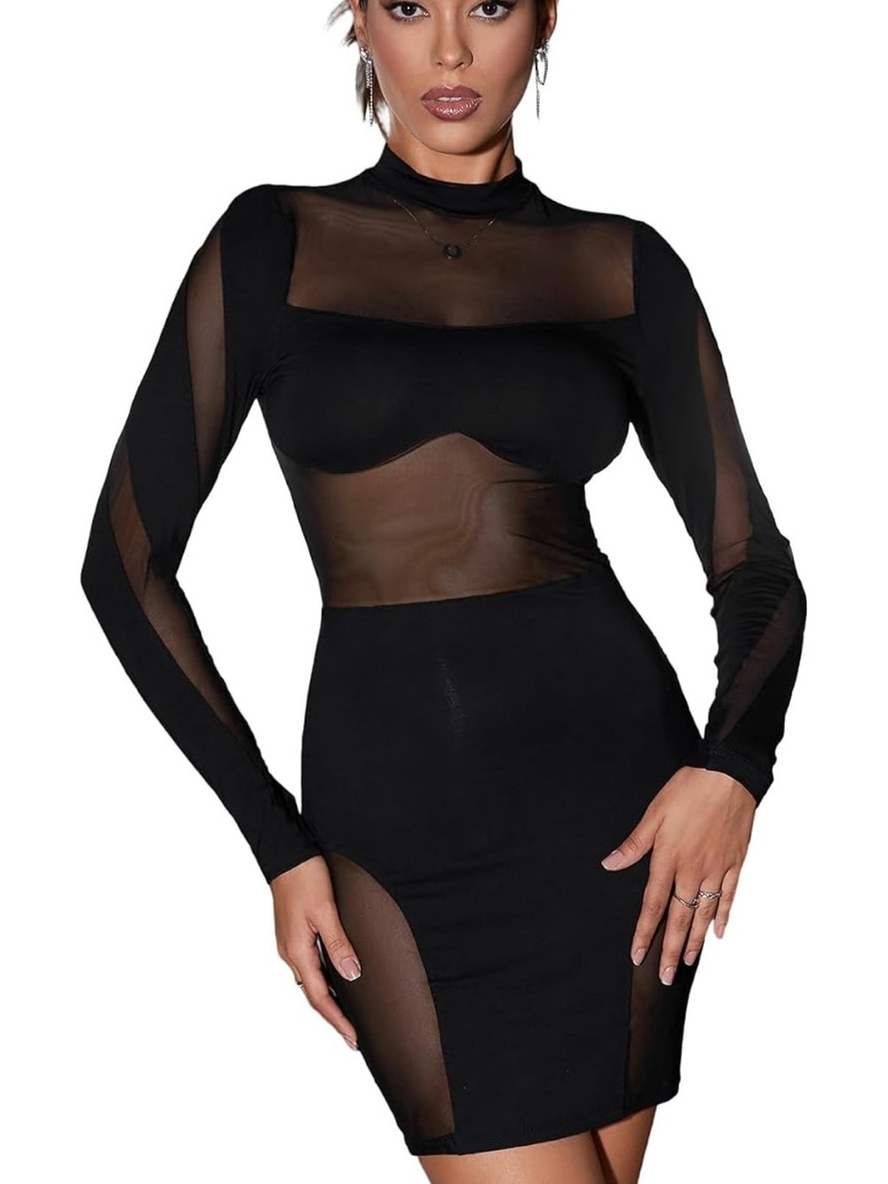 Black Mesh Long-Sleeve Sheer Bodysuit Dress - Unbranded